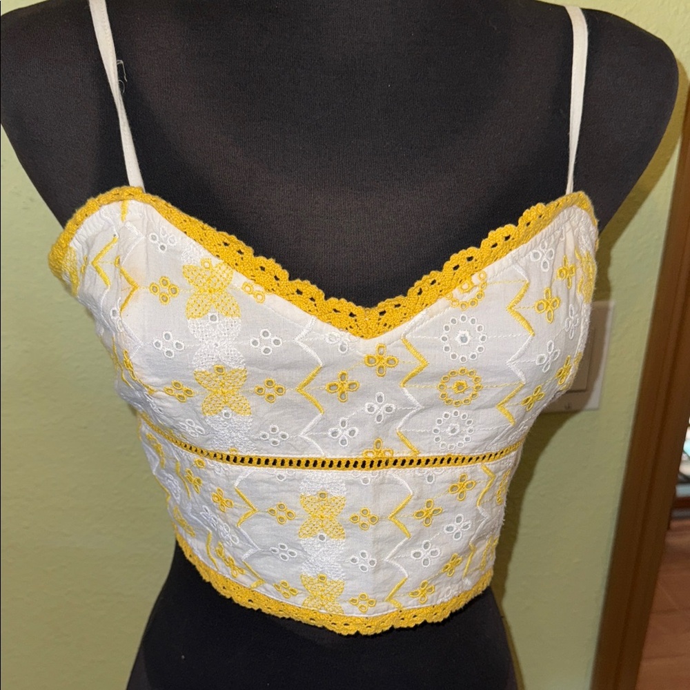 Forever 21 Yellow and White Embroidered Camisole